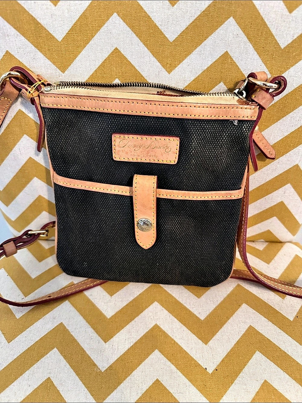 Vintage Dooney & Bourke Black & Brown Canvas and Leather Trim Crossbody Bag